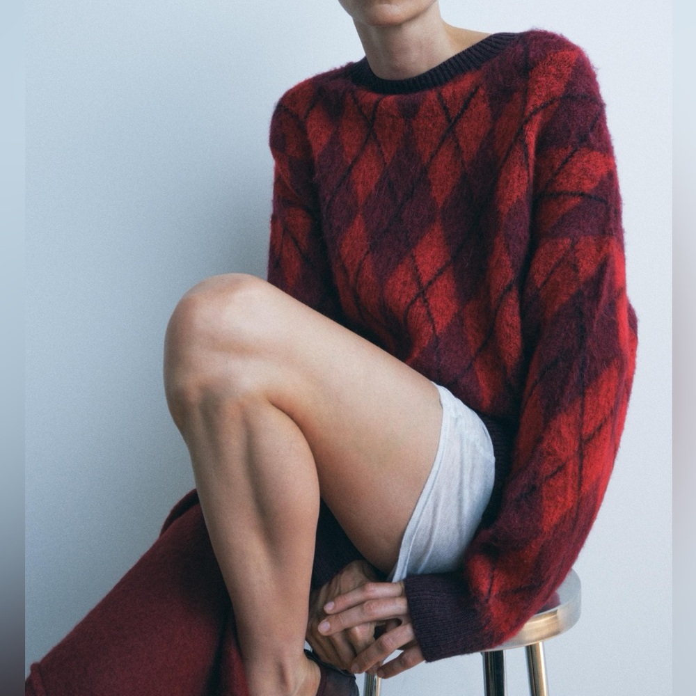 ZARA red burgundy argyle fuzzy sweater